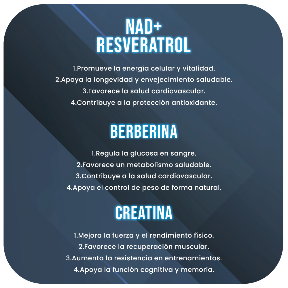 Pack – Creatina 300 g + NAD+ con Resveratrol 800 mg + Berberina 500 mg