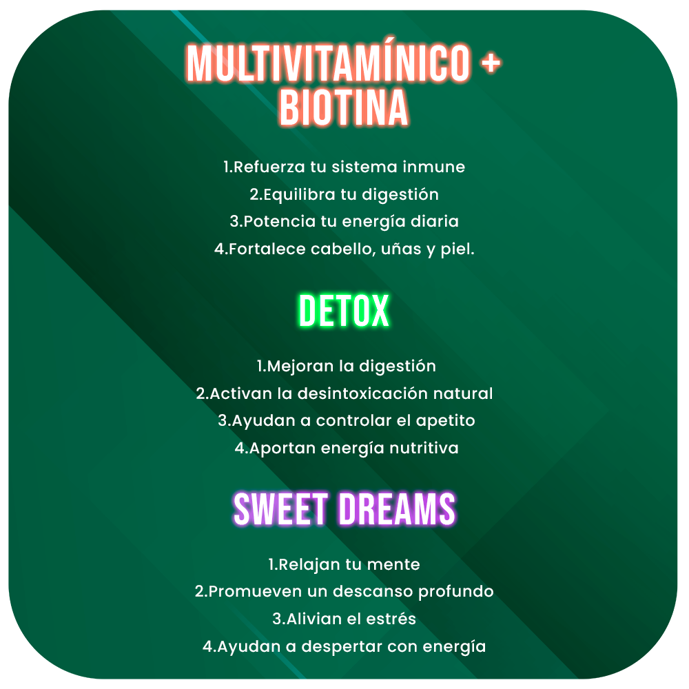 Pack Rutina Diaria | Multivitamínico + Biotina + Probiótico + Detox + Sweet Dreams