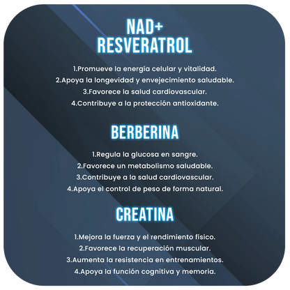 Pack – Creatina 300 g + NAD+ con Resveratrol 800 mg + Berberina 500 mg