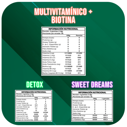 Pack Rutina Diaria | Multivitamínico + Biotina + Probiótico + Detox + Sweet Dreams