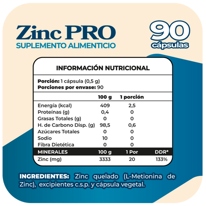 Zinc Quelado L-Metionina 20 mg 90 cápsulas