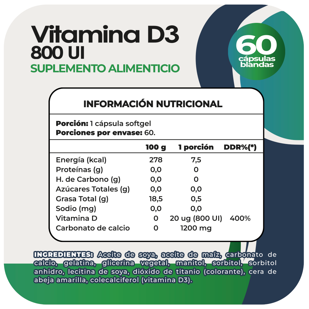 Vitamina D3 800 UI 60 cápsula blanda