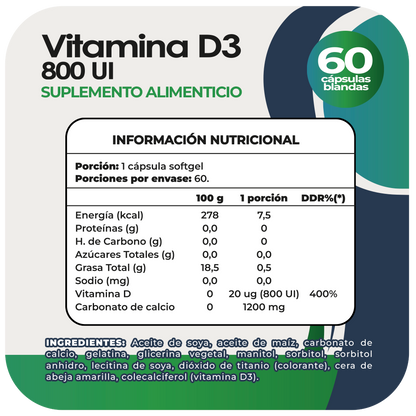 Vitamina D3 800 UI 60 cápsula blanda