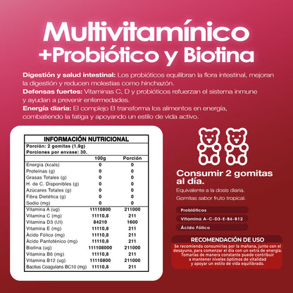 Gomitas Multivitamínico + Probióticos y Biotina 60 Un