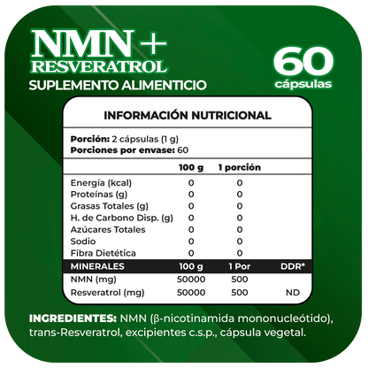 NMN + Resveratrol 1000 mg 60 cápsulas