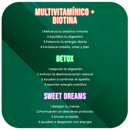 Pack Rutina Diaria | Multivitamínico + Biotina + Probiótico + Detox + Sweet Dreams