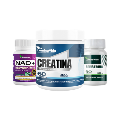 Pack – Creatina 300 g + NAD+ con Resveratrol 800 mg + Berberina 500 mg